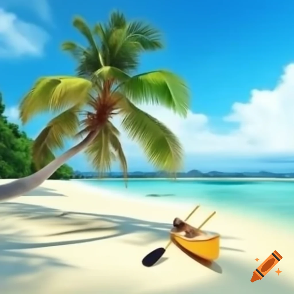 Beach scene with coconut tree and canoe