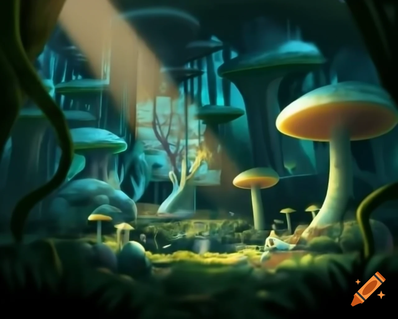 Surreal biopunk forest with glowing trees merging nature and technology