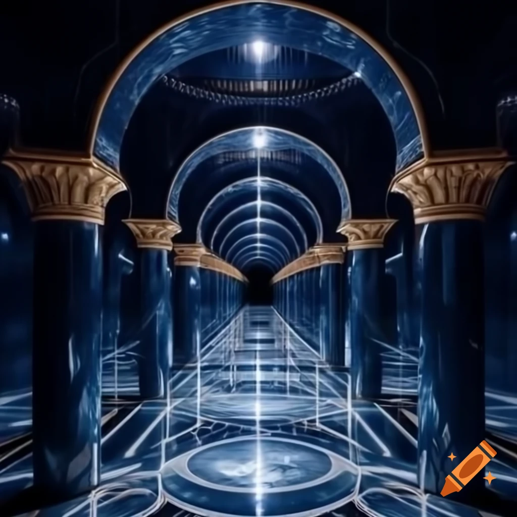 Dark blue marble hallways with sloped ceilings and glittering stars