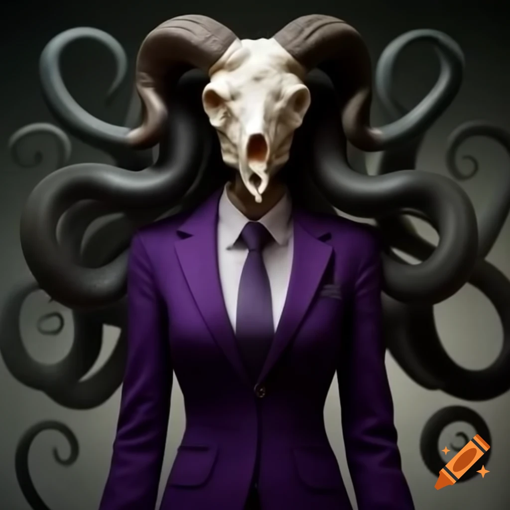 Humanoid with ram's skull head and tentacle neck in purple business suit