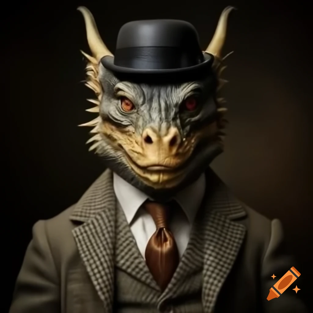 Artistic portrait of a dragon in a tweed suit, monocle, and bowler hat