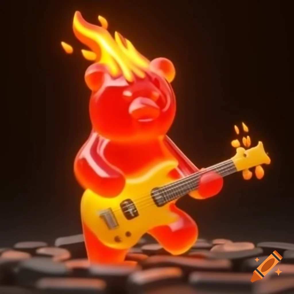 Gummy bear with flame hair playing electric guitar