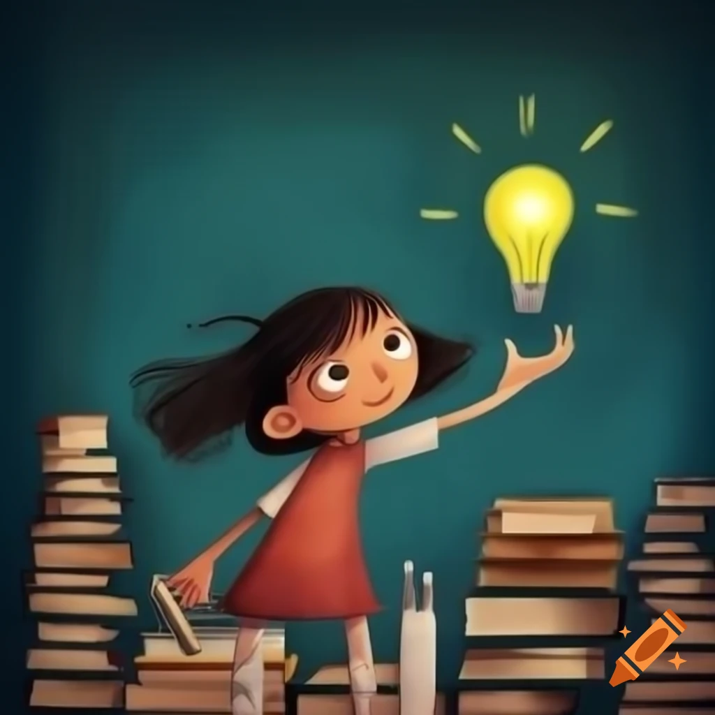 Girl standing on books reaching for a light bulb in a dark background