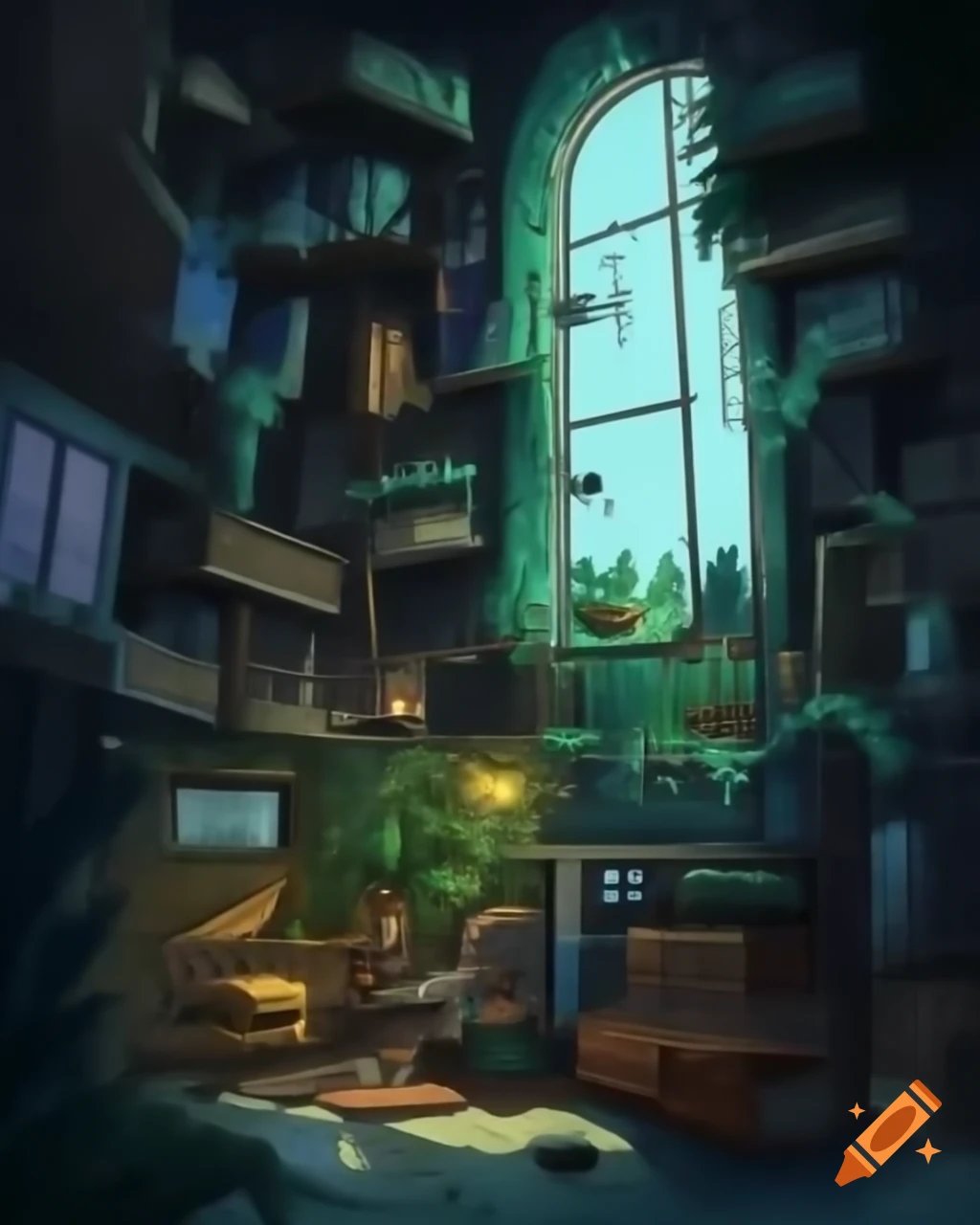Cozy room with plants in busy city, feeling like a sanctuary