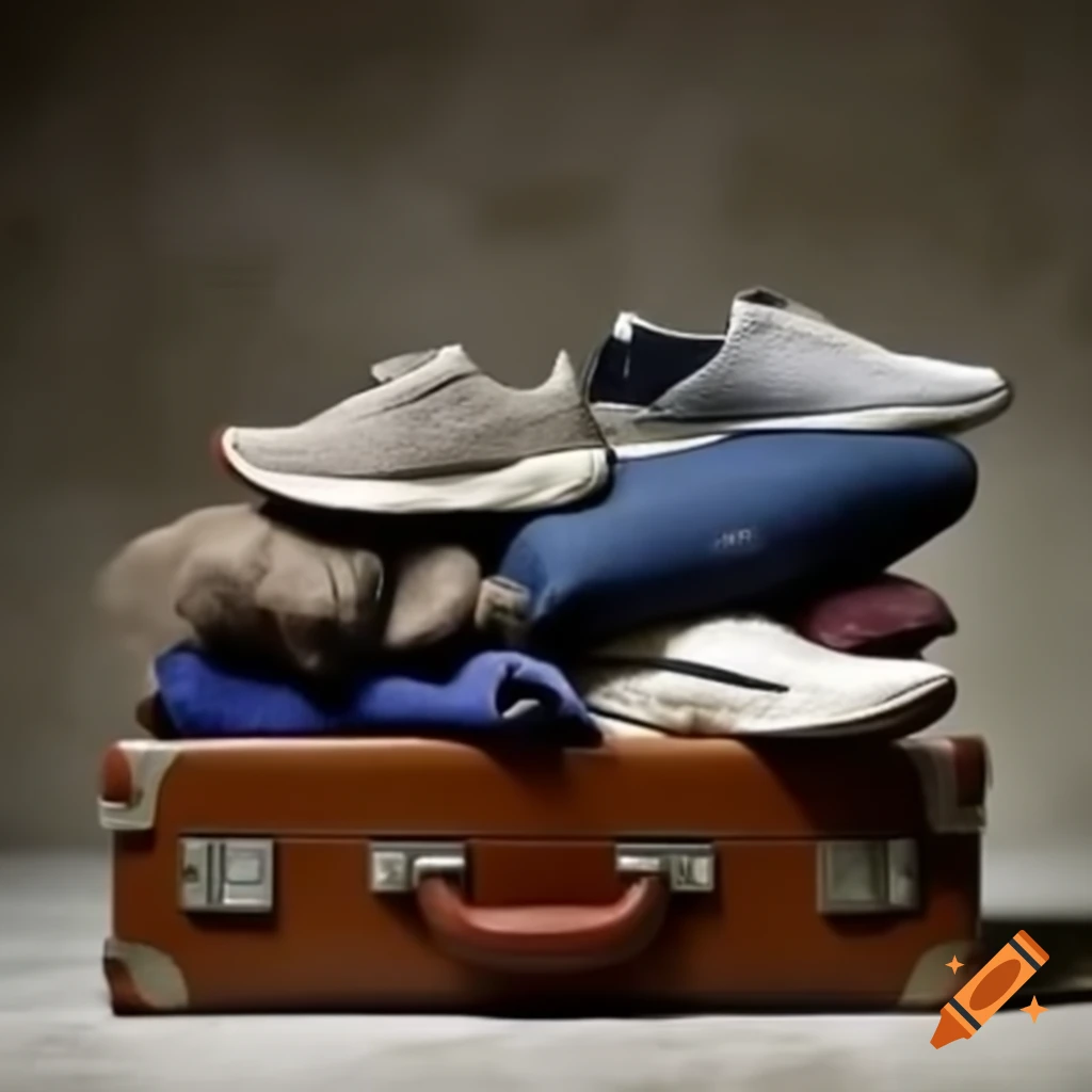 Suitcase filled with multiple pairs of running shoes