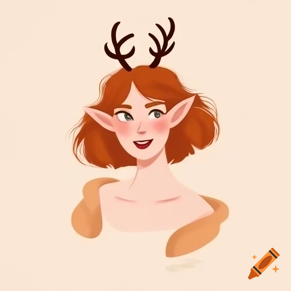 Mischievous woman with auburn hair, deer antlers, and elf ears in flowing dress, flat charming style