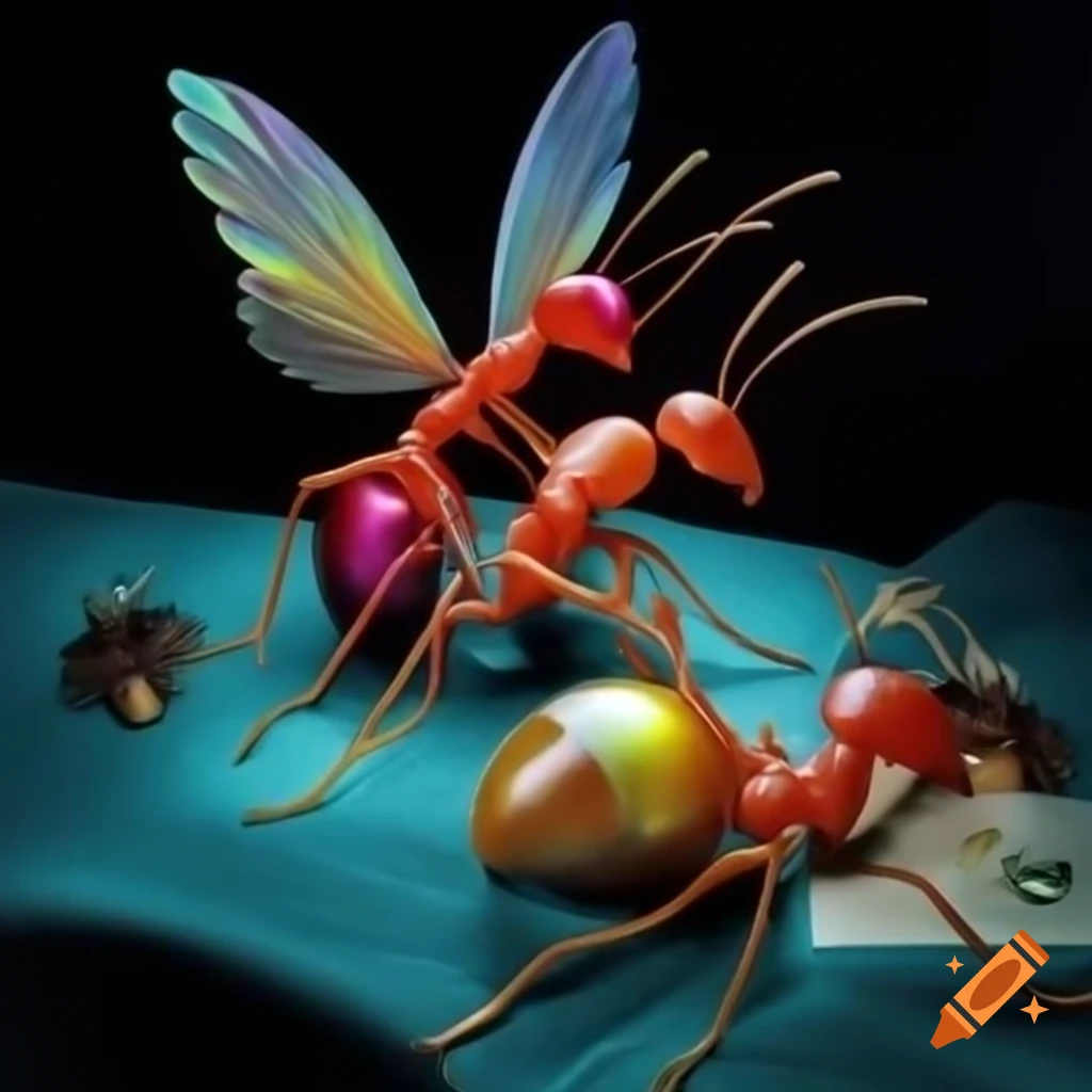 Pop surreal 2000's photography with iridescent colors and giant silver ants