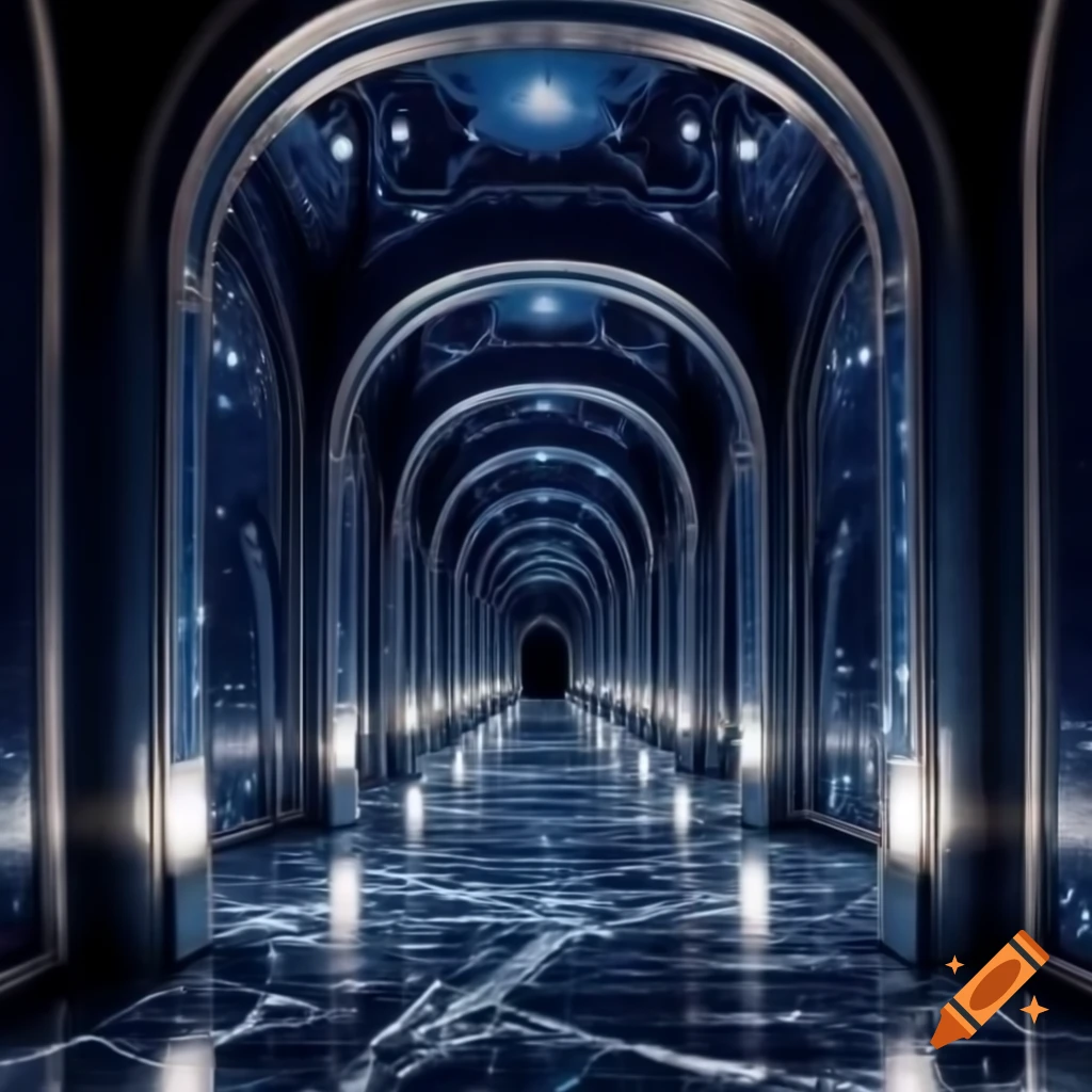 Dark blue marble hallways with sloped ceilings and glittering stars