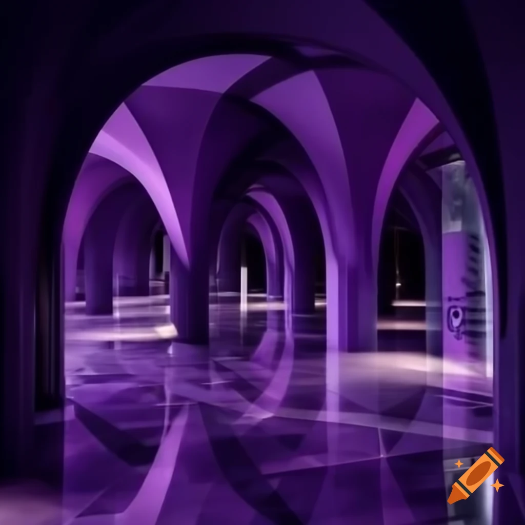 Violet marble hallways with sloped ceilings and glittering columns