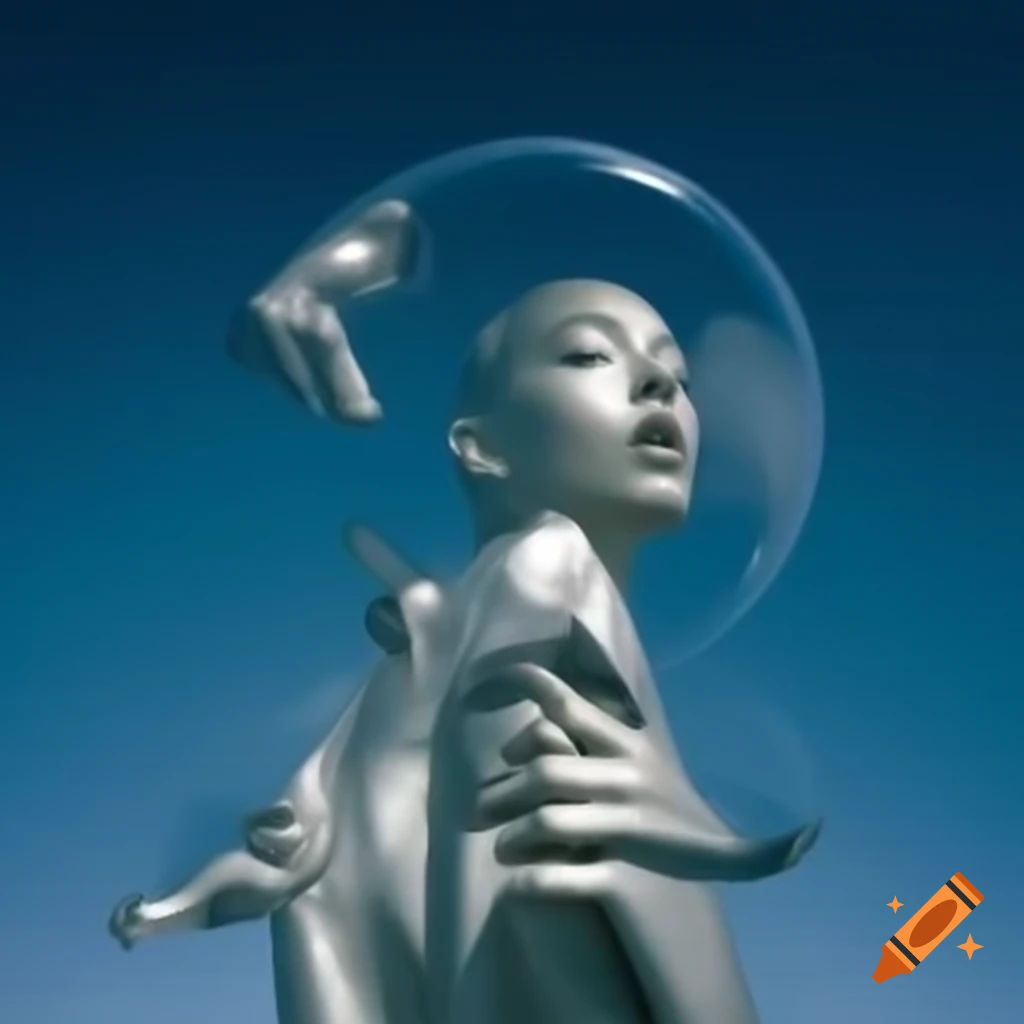 Pop surreal photography featuring anime-inspired silver statue from the 2000s