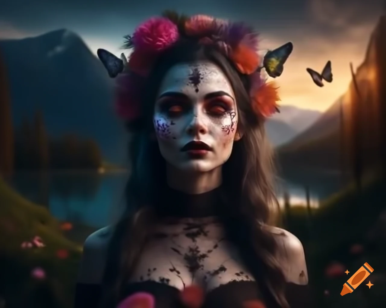 Hyperrealistic Gothic woman with flowers and butterflies in her hair