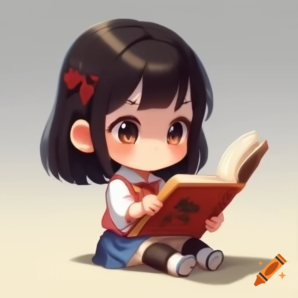 Japanese chibi girl engrossed in adventure book
