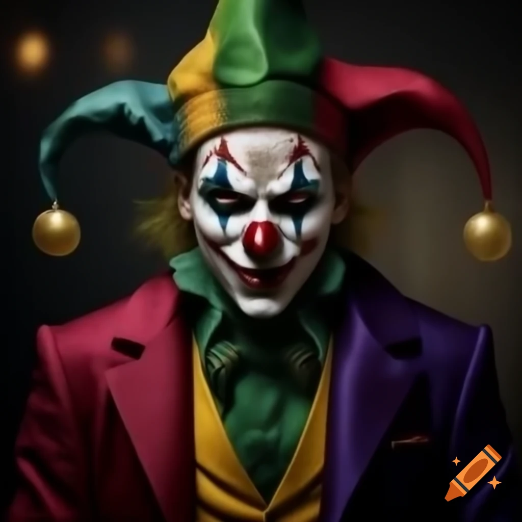 Jester in tuxedo with colorful attire