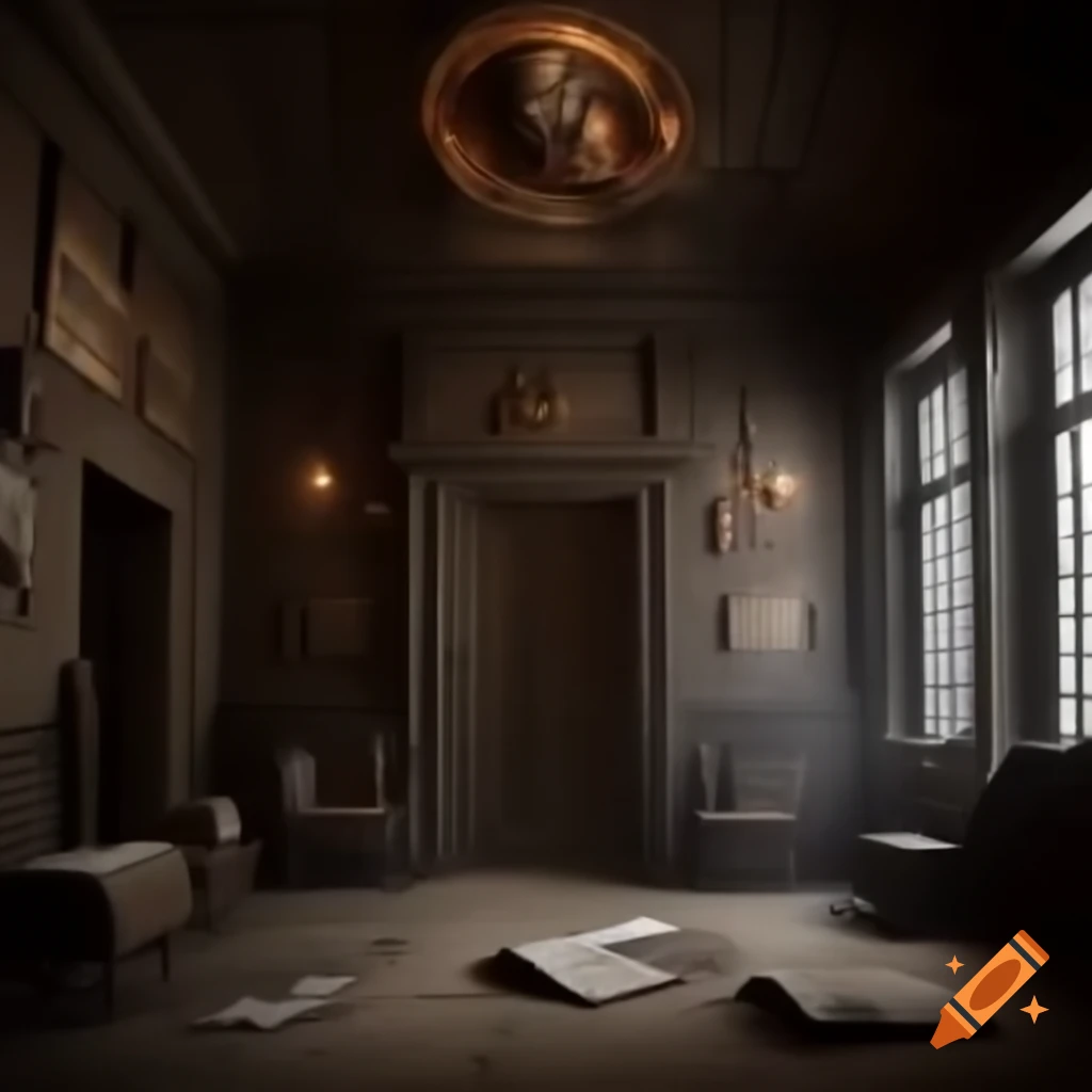 Scary house interior with large room featuring demonic drawings on the walls