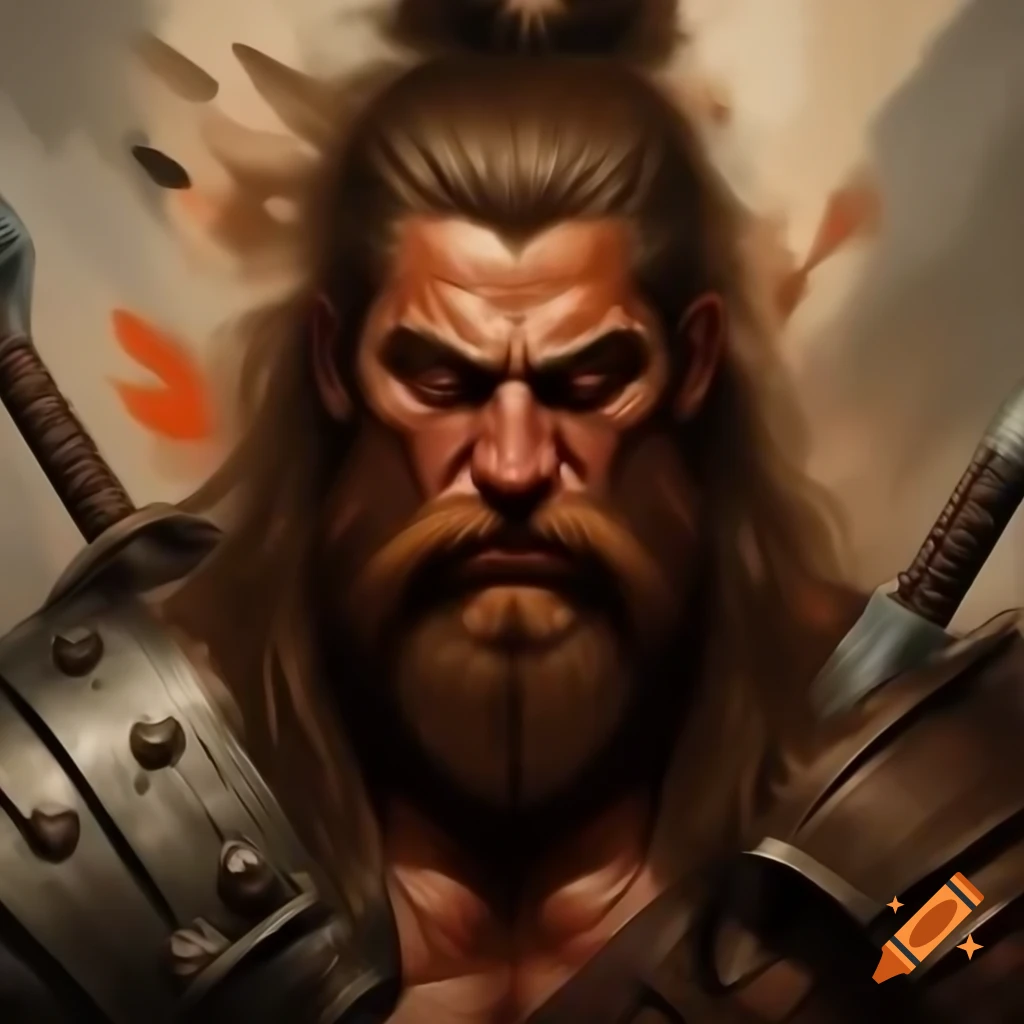 Male barbarian holding greataxe with greatsword on his back