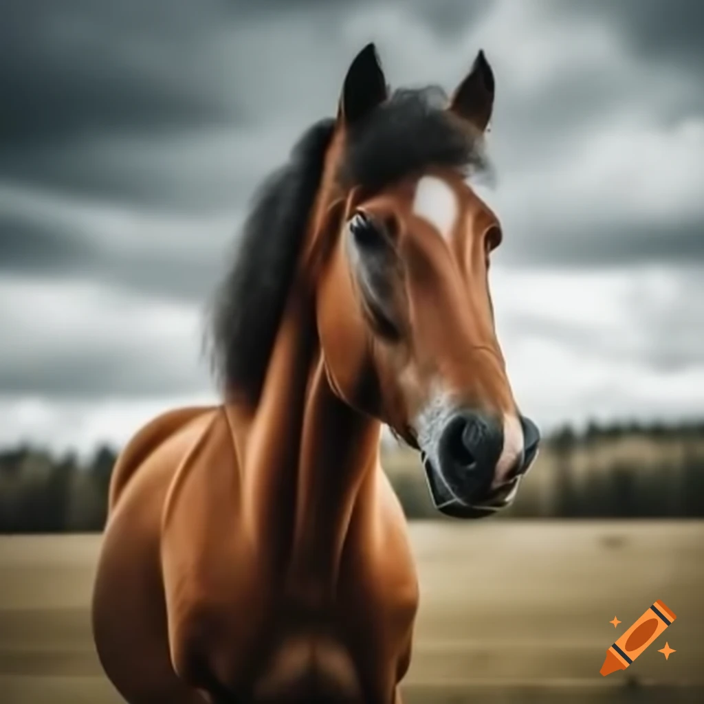 Horse with gray blanket in a meadow with clouds in the background