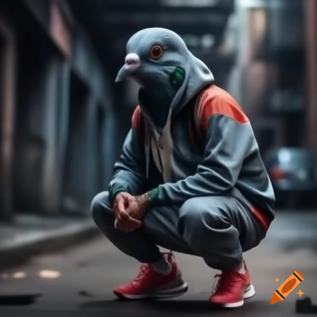 Pigeon in tracksuit and hoodie performing slav squat in urban environment