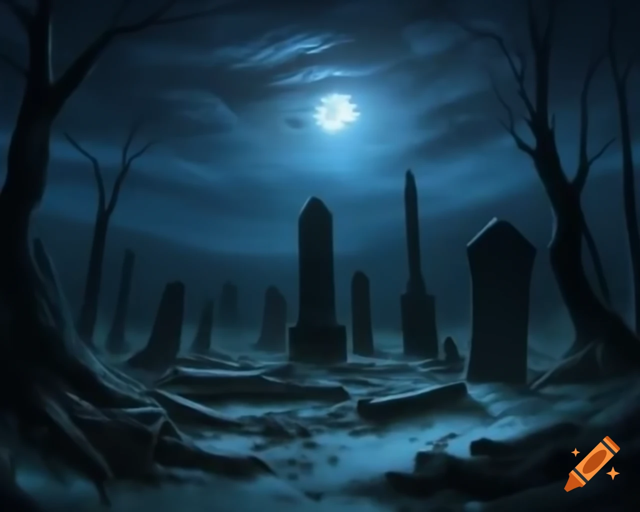 Ancient gravesite under moonlight with lich king