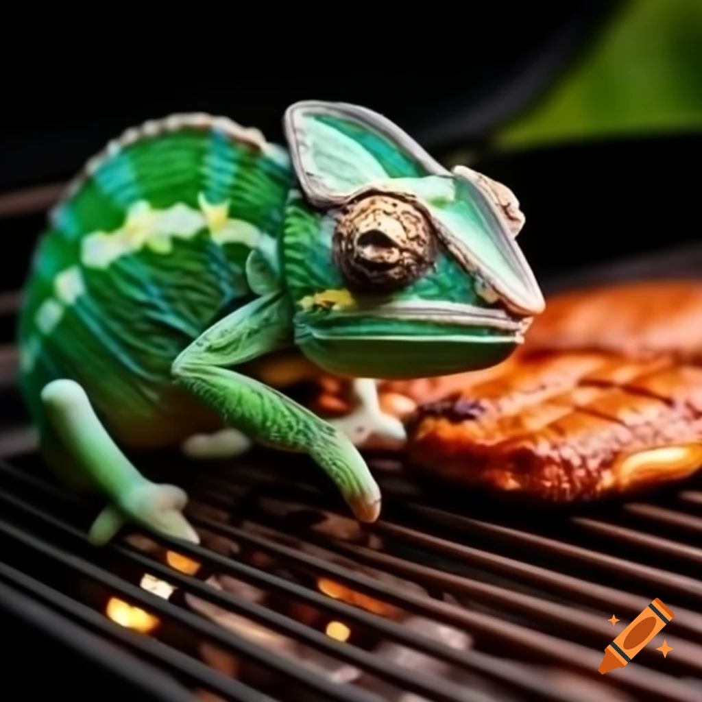 Chameleon enjoying a barbecue in a vibrant setting