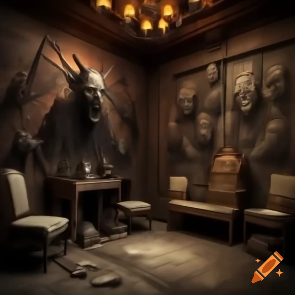 Realistic depiction of a scary house with demonic drawings on the walls