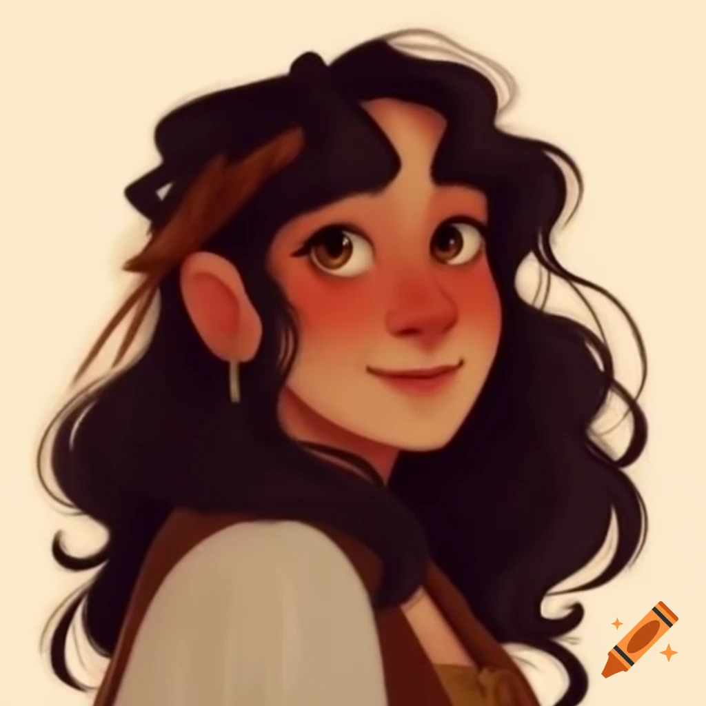 Medieval peasant woman with dark curly hair smiling warmly