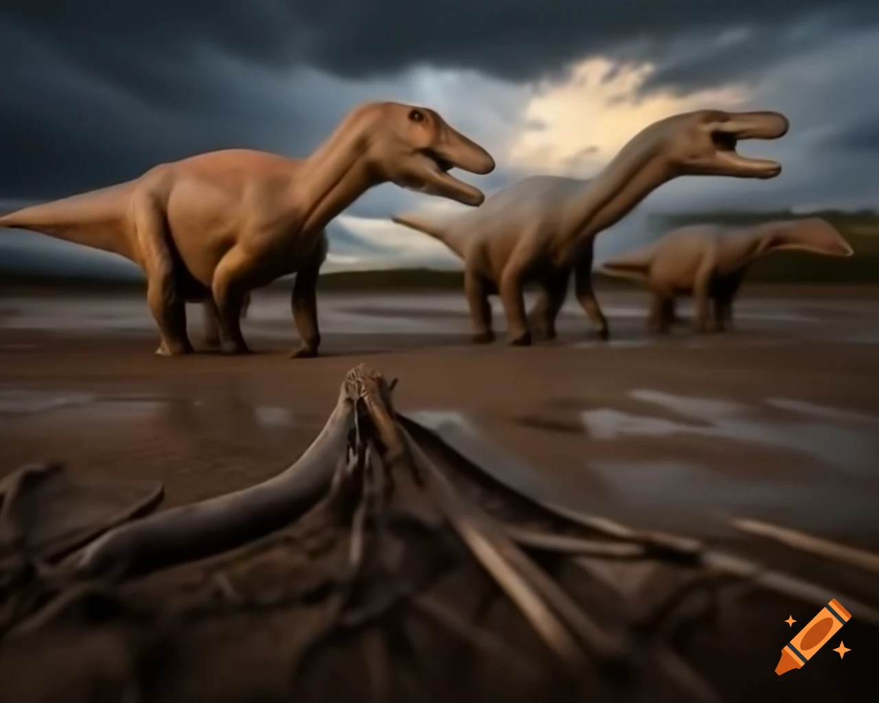 Cinnamon and grey Iguanodon dinosaurs crossing mudflat with driftwood and ferns in British Columbia