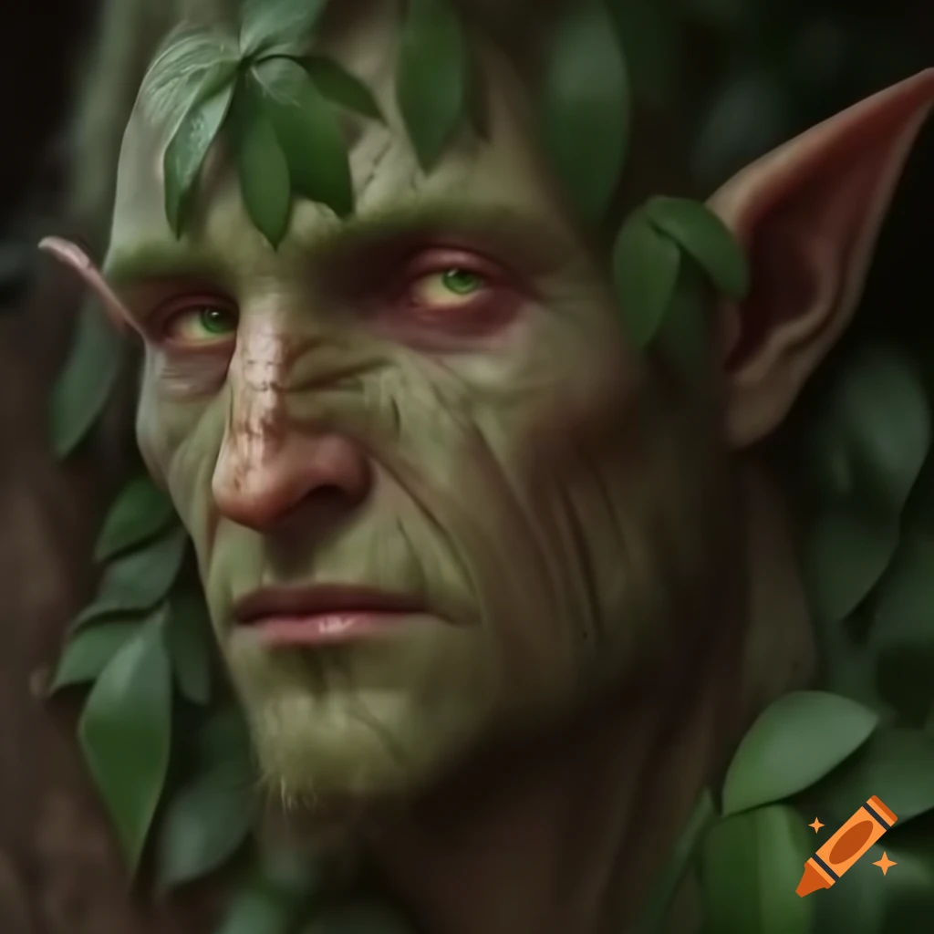 Person with elf ears, tree bark skin texture, and leaf hair