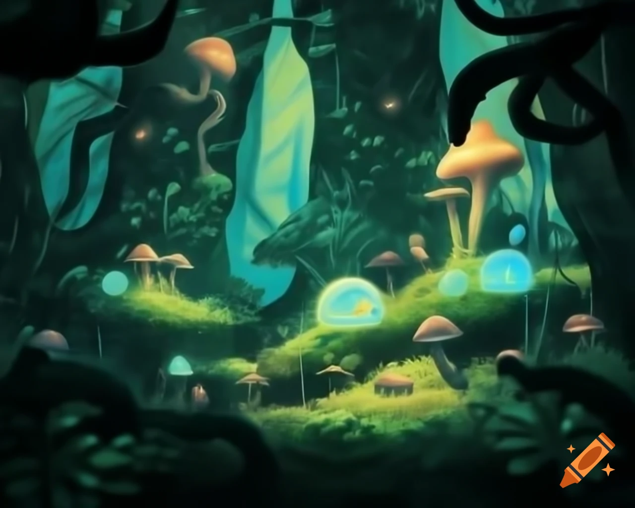 Surreal biopunk forest with glowing trees merging nature and technology