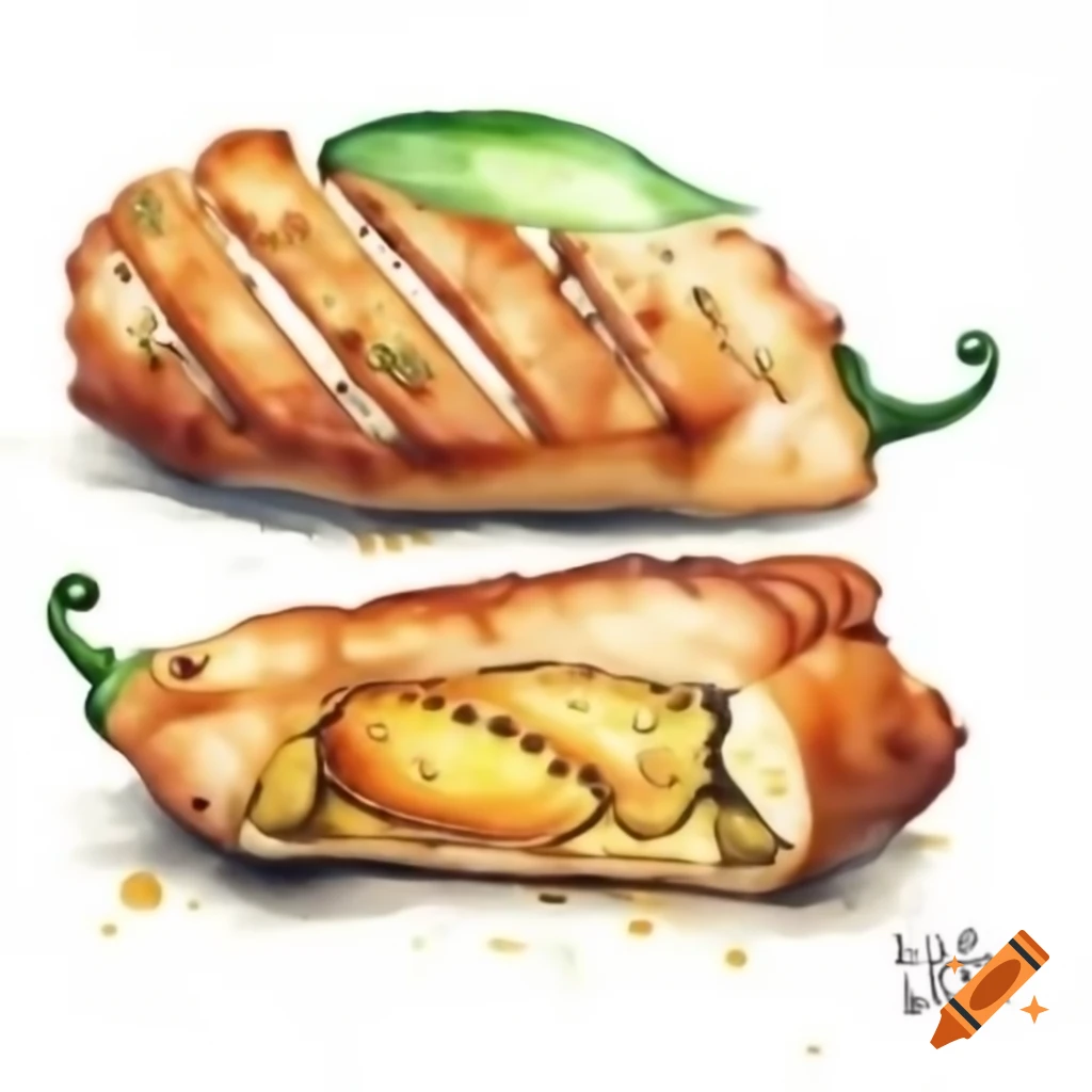 Detailed mechanical sketch of grilled boneless chicken wing with jalapeño and cheese filling