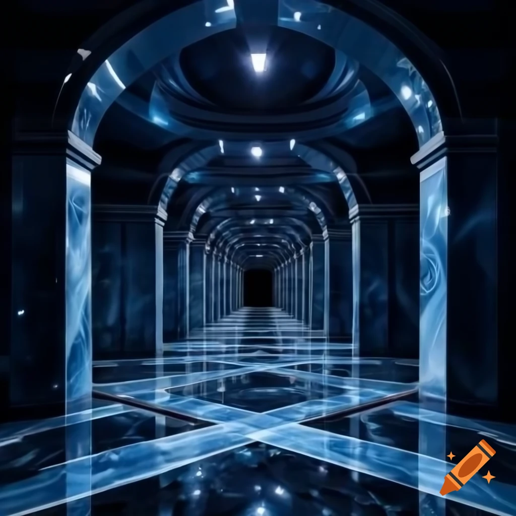 Dark blue marble hallways with sloped ceilings and glittering stars