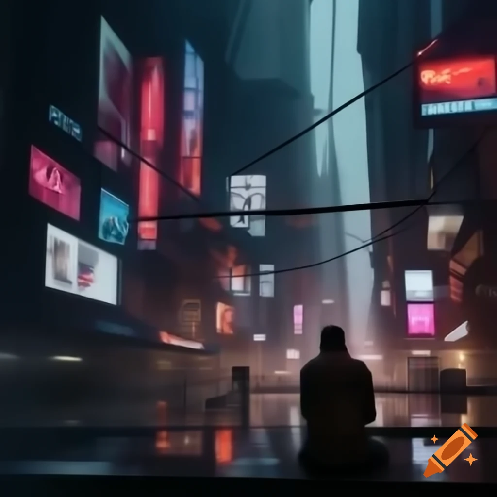 Cyberpunk dystopian metropolis in red and black with skyscrapers and ads