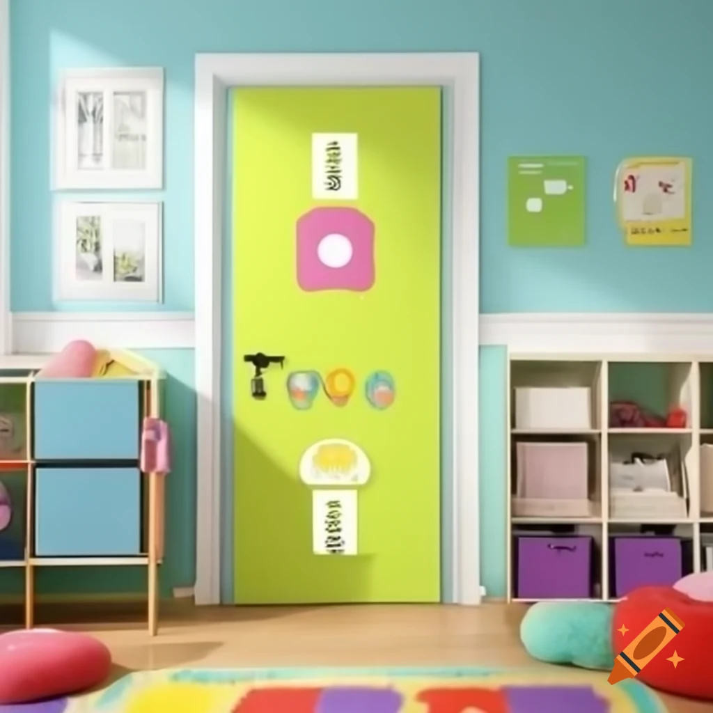 Brightly colored locked door of a daycare kindergarten nursery room