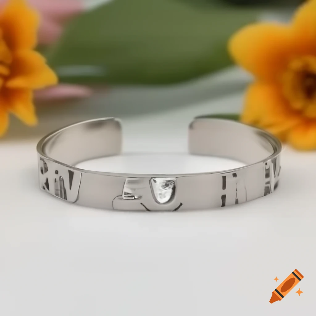 Custom silver cuff bracelet with floral design background
