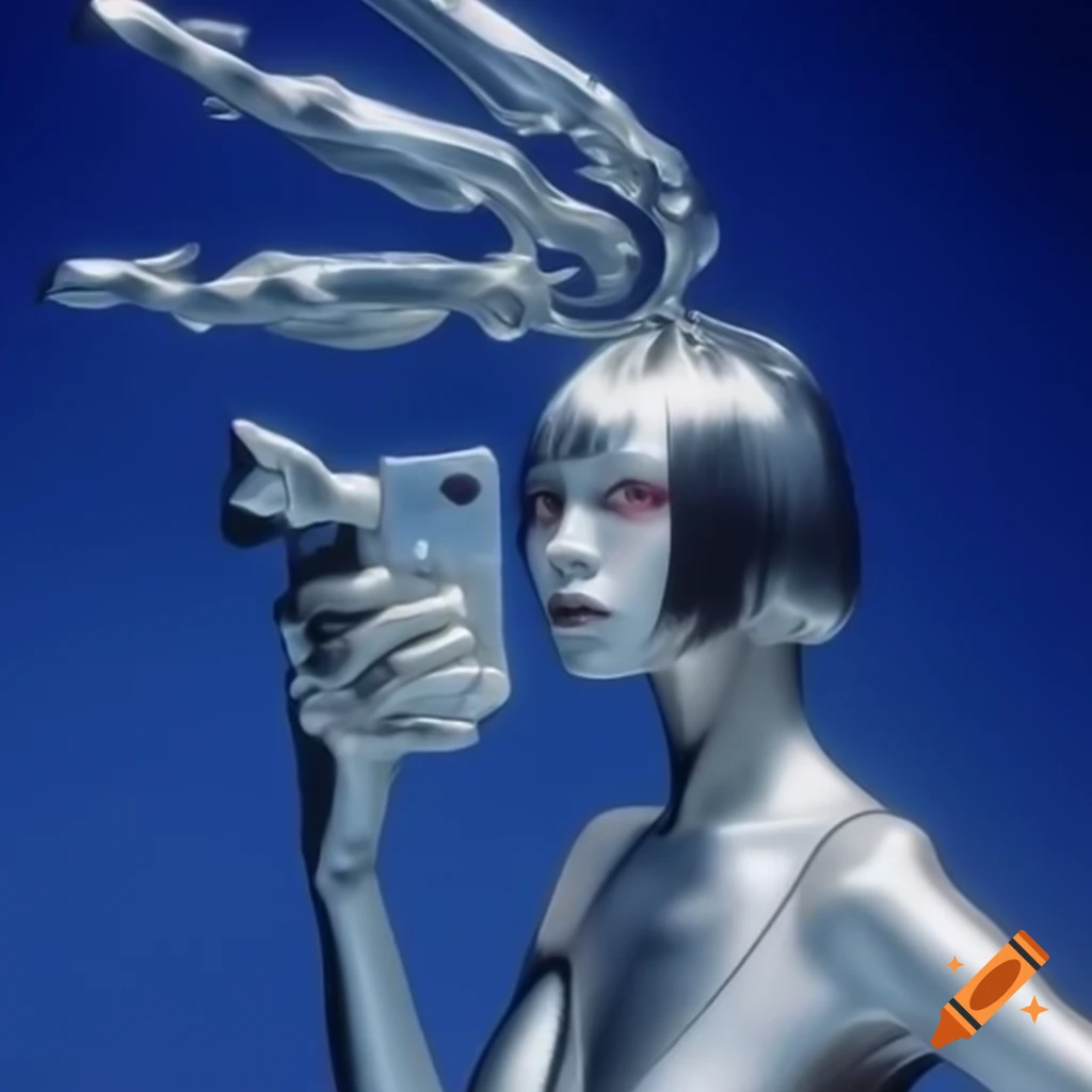 Pop surreal photography featuring anime-inspired silver statue from the 2000s