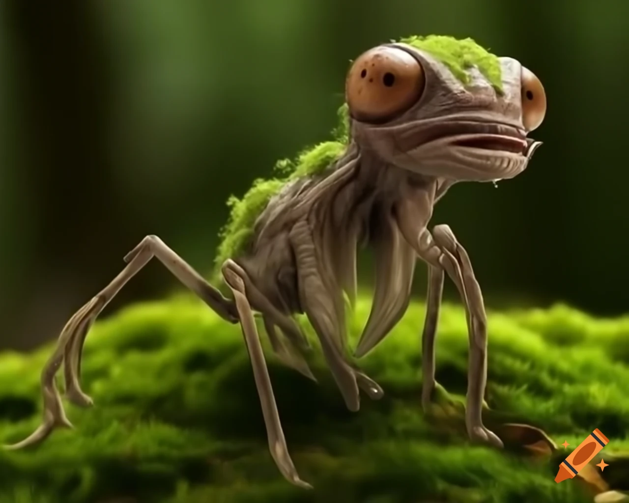 Small six-legged Mosshopper camouflaged in dense moss