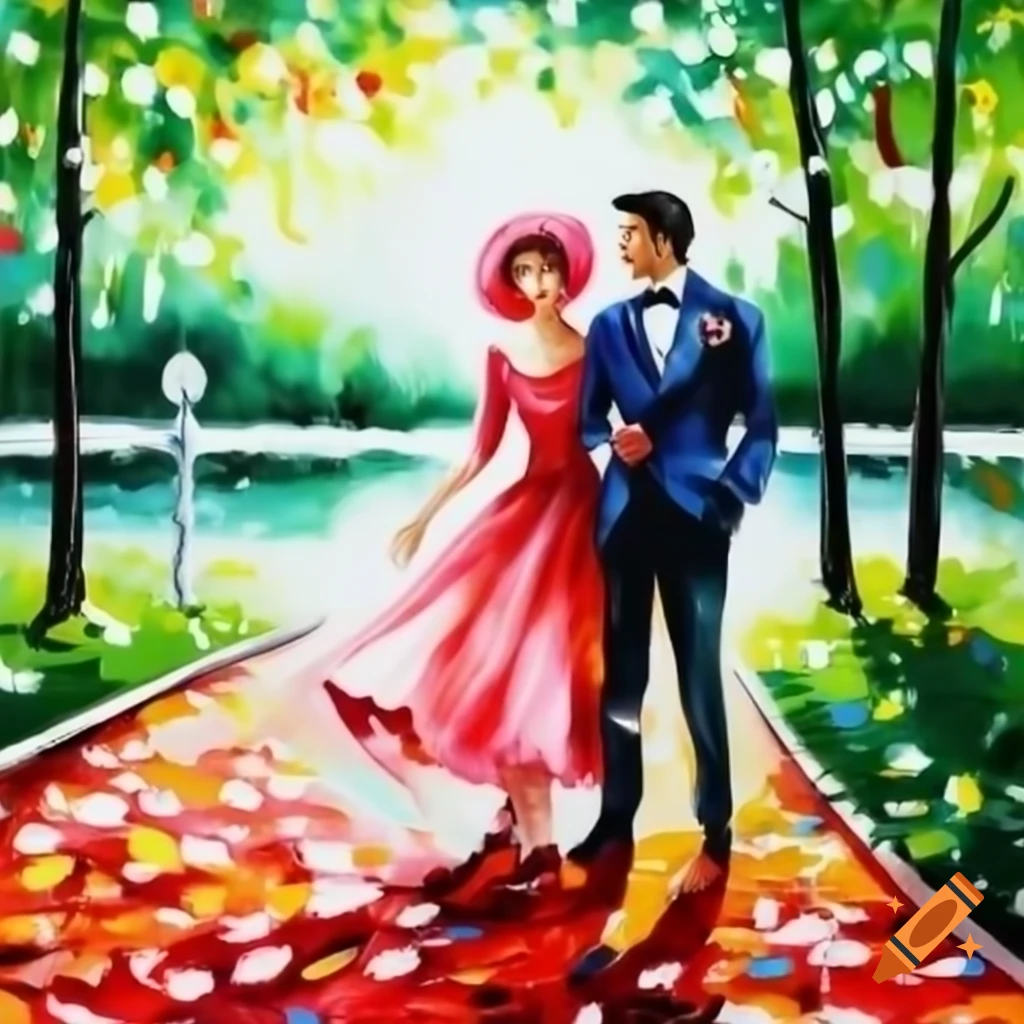 Couple in elegant clothing at park with lake in Afremov painting style