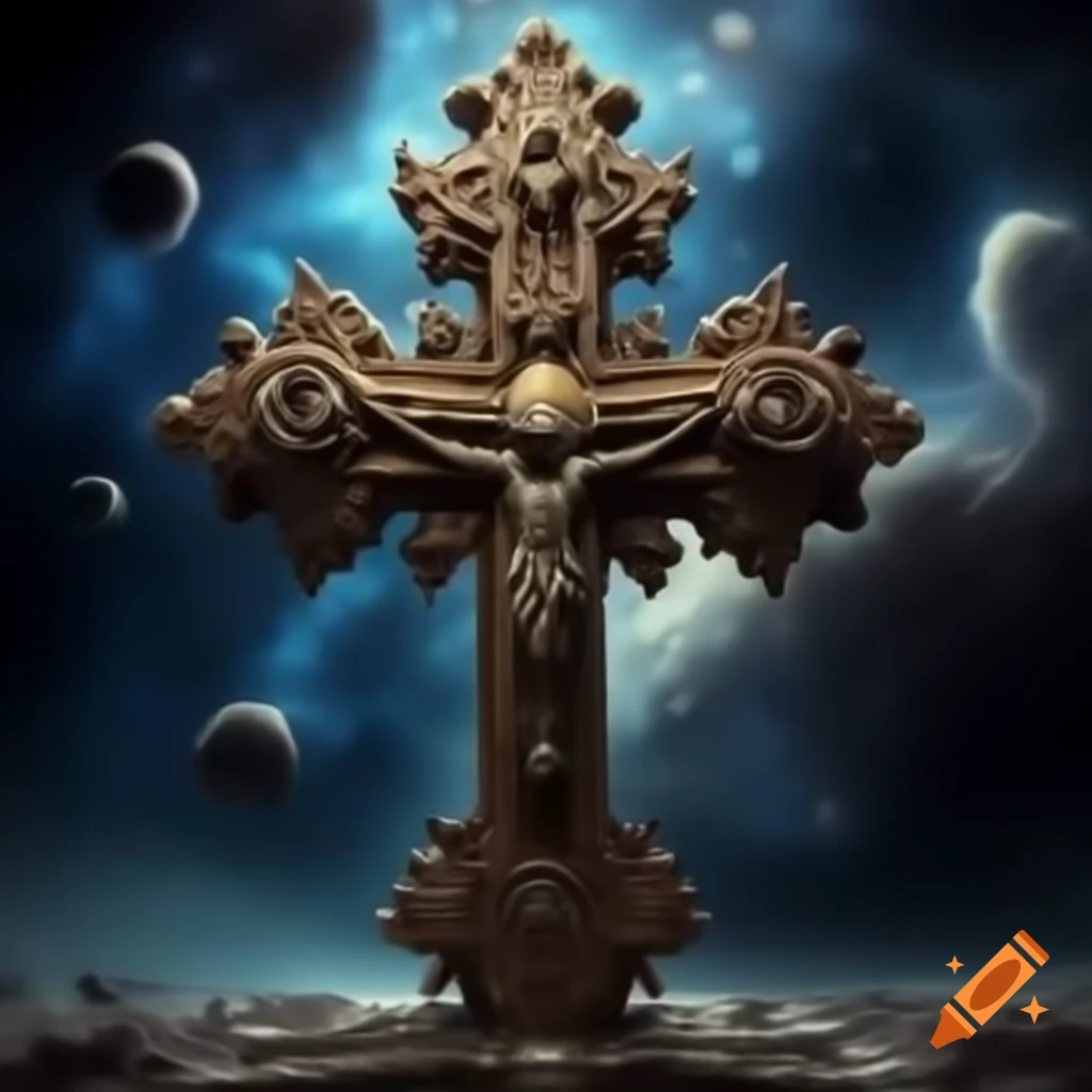 Intricately crafted Gothic Orthodox cross with cosmic background