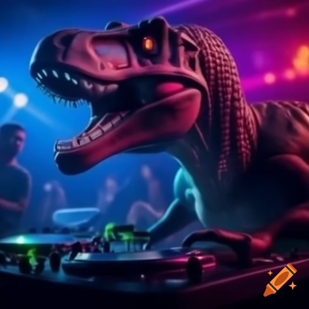 Realistic dinosaur-themed nightclub with glow sticks and DJ