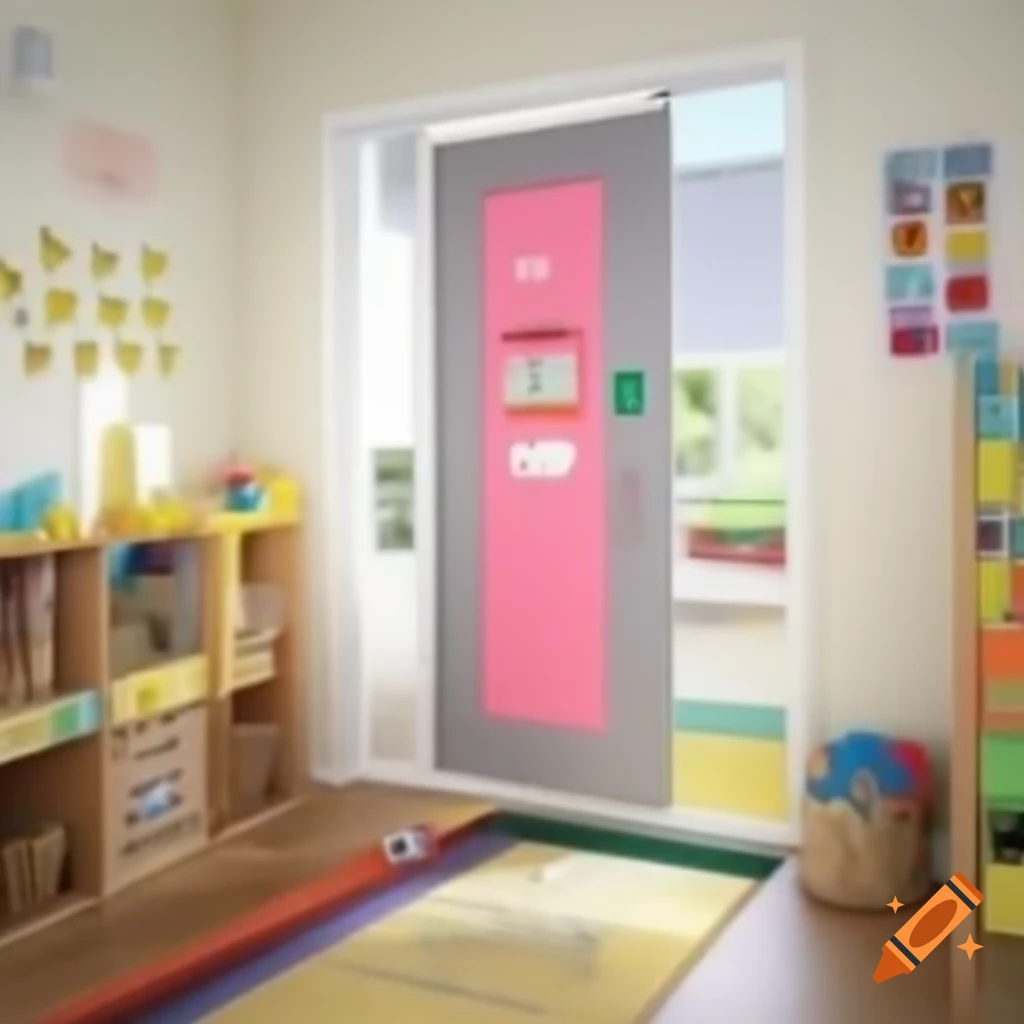 Colorful daycare kindergarten nursery room with locked door