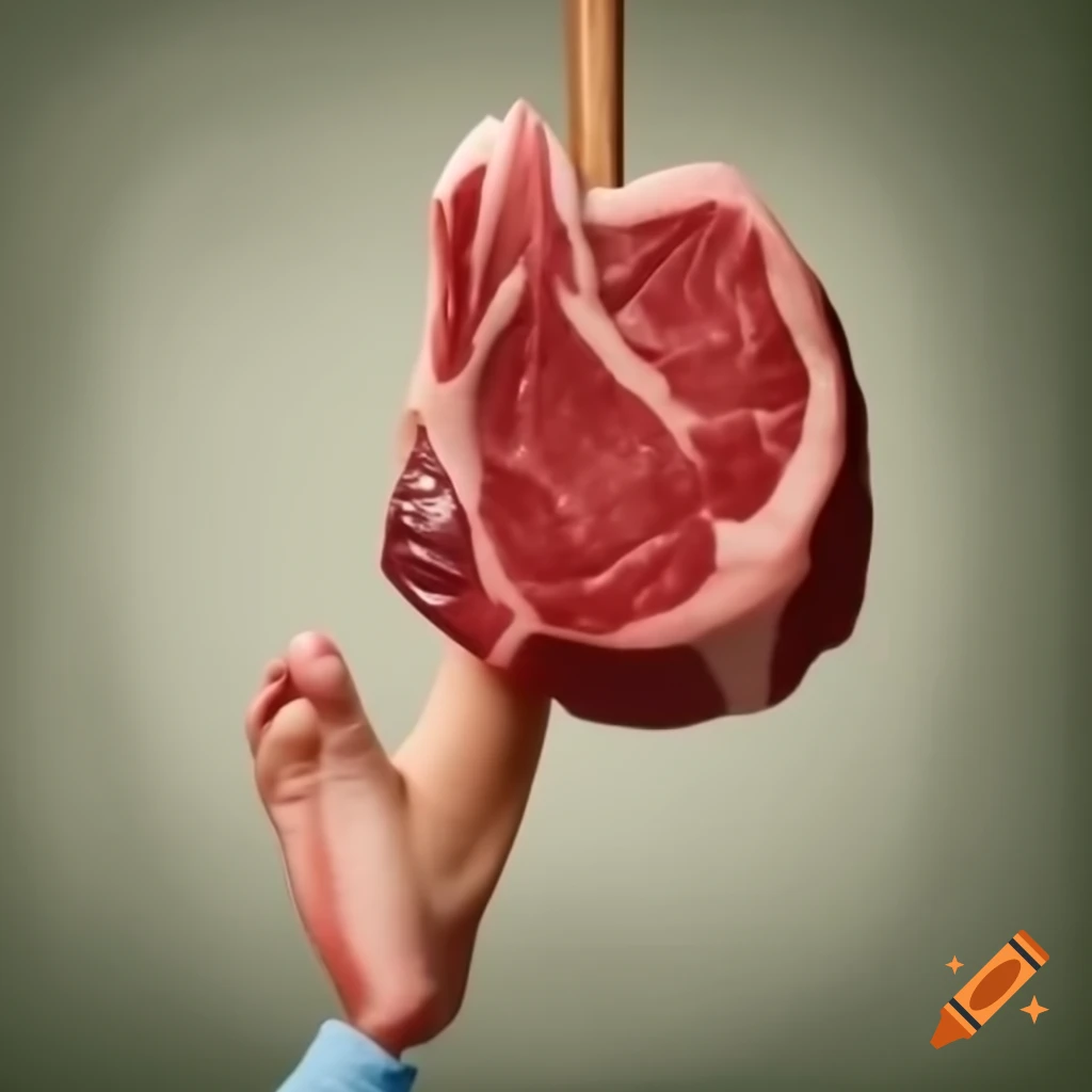 Humorous steak with human foot attachment
