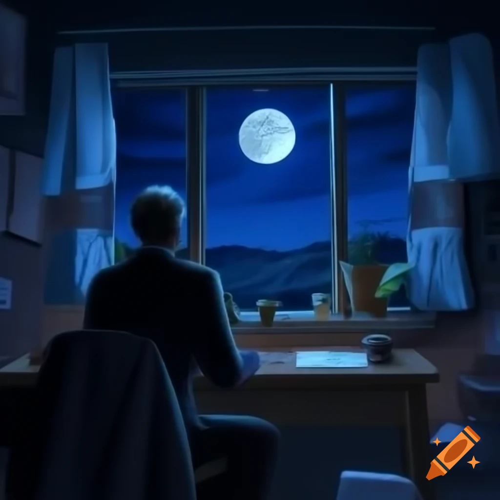 Moonlight streaming through windows by a desk at night