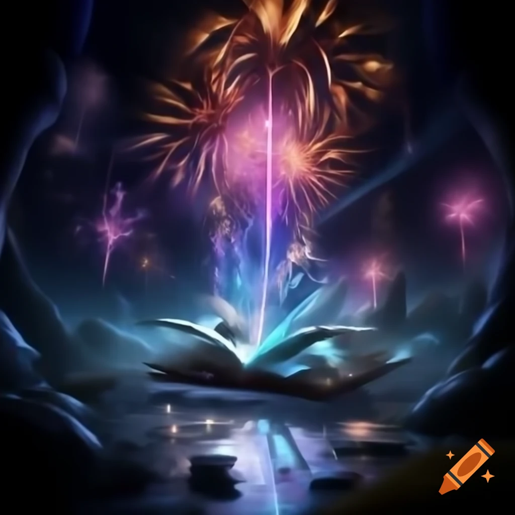 Vibrant fireworks and mystical sorcery featuring a glowing magical staff