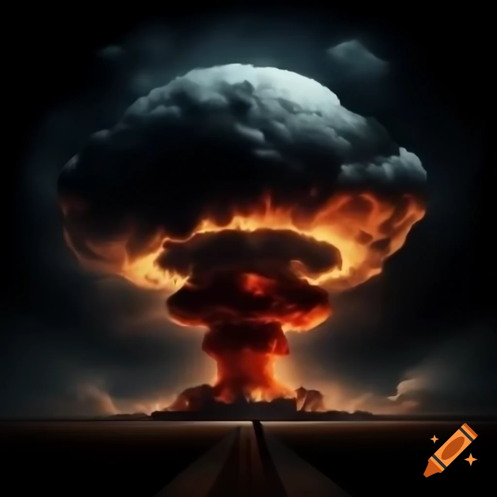Art depicting a bombed cityscape with a nuclear theme