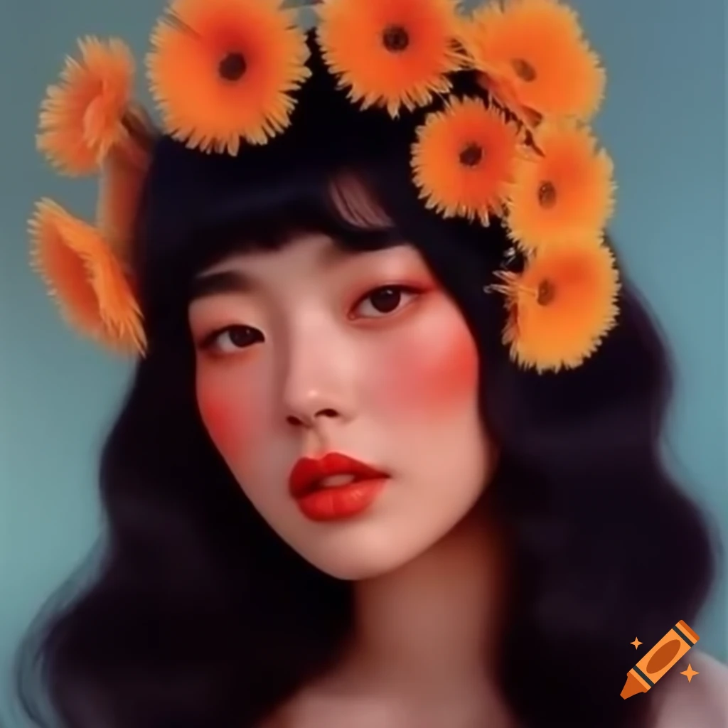 Hyper-realistic photograph of beautiful Asian woman with 1980s hairstyle