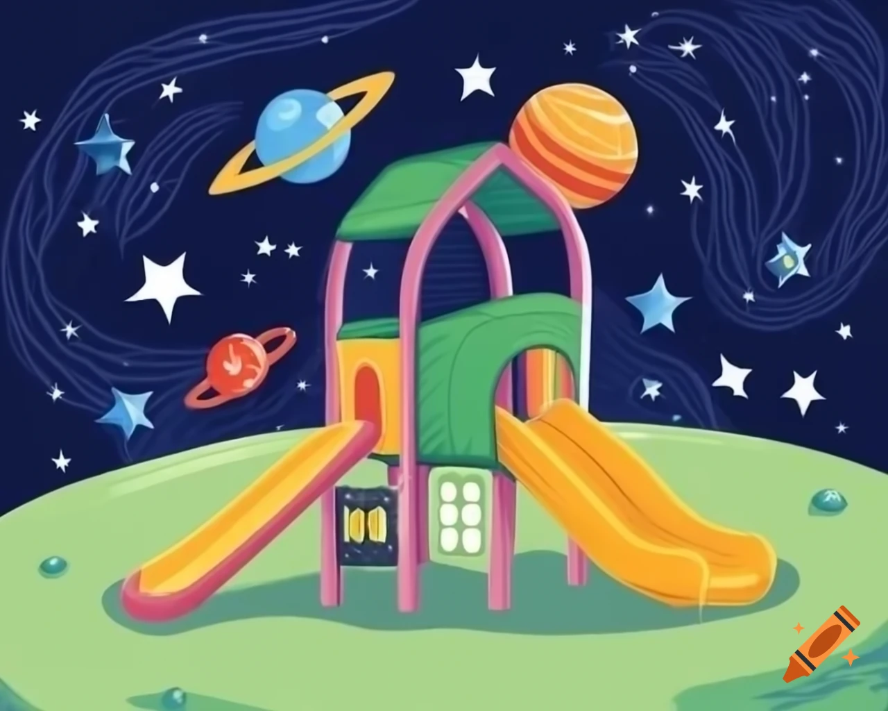 Drawing of a playground set in outer space