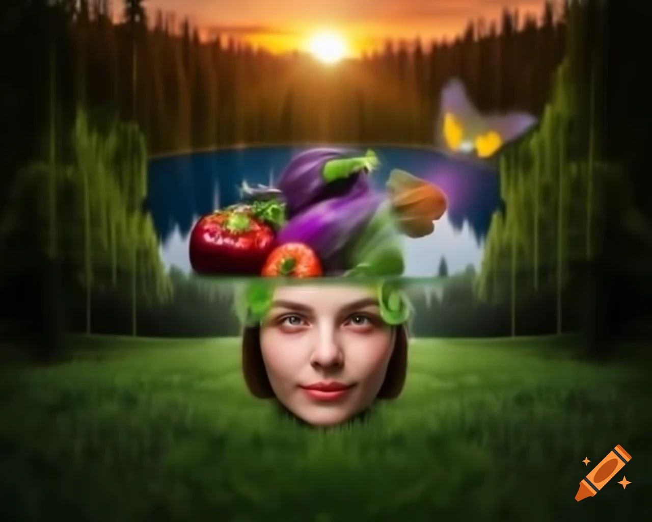Surreal 3D render of woman's face in forest with wildflowers and butterflies