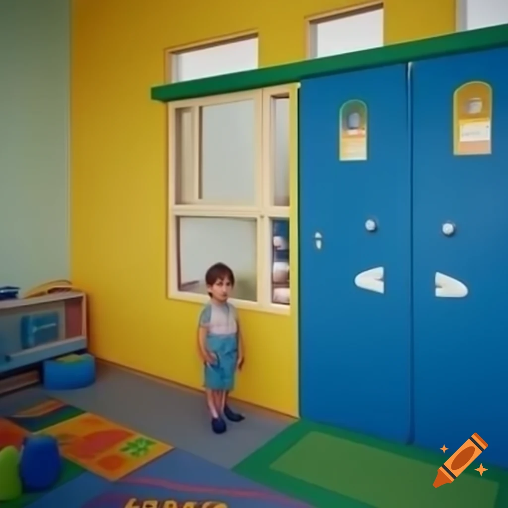 Child beside locked door in colorful daycare nursery kindergarten