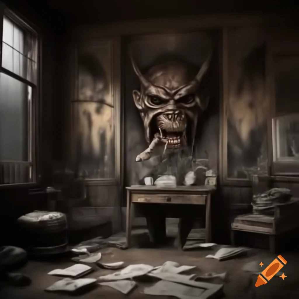 Realistic scary house interior with large room featuring demonic drawings on walls