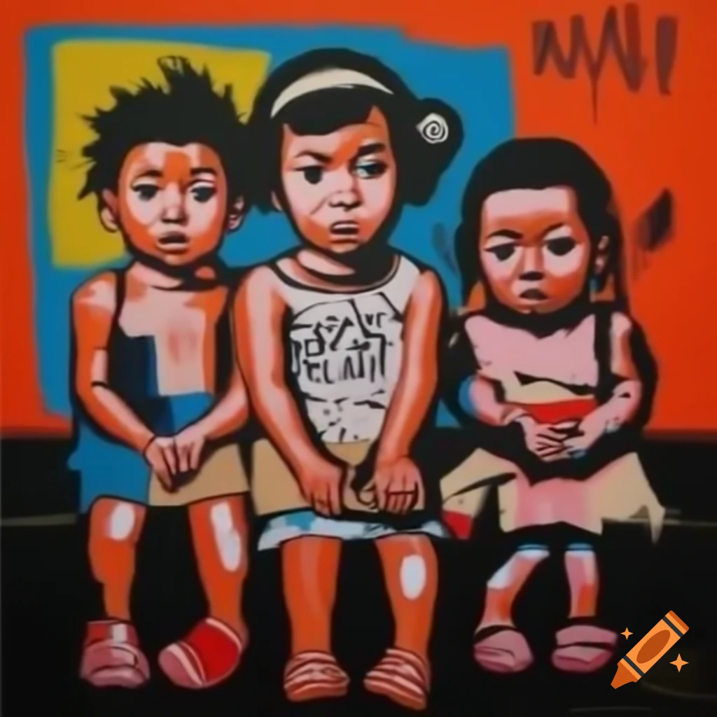 Playful children depicted in the style of Jean-Michel Basquiat