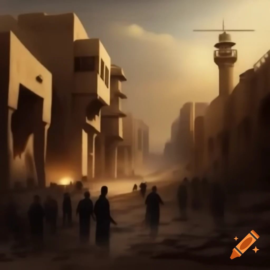 Iraq landscape depicting aftermath of war with distant ruins